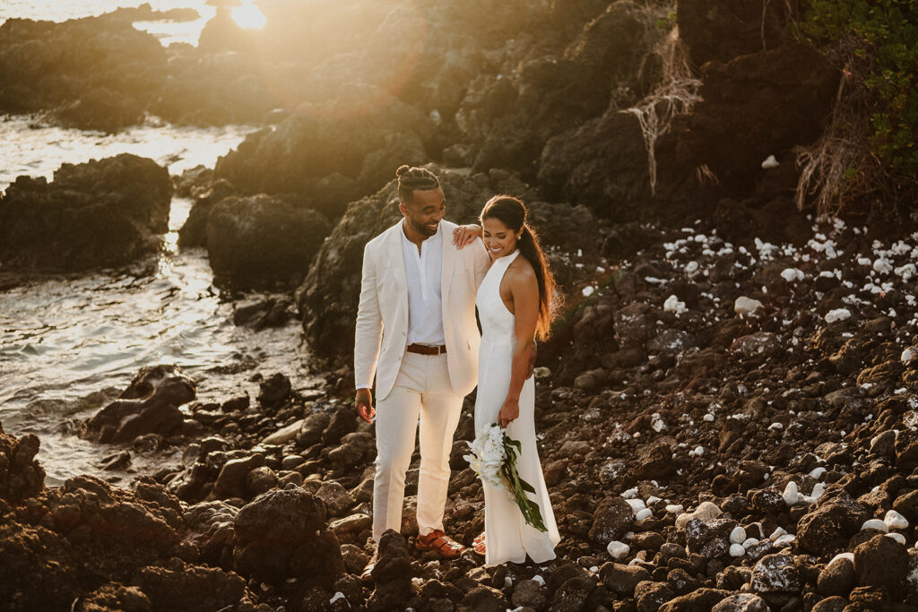 bride and groom photo at kukio beach 